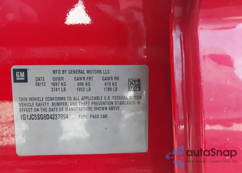 2013 Chevrolet Sonic Lt Auto z USA, uszkodzony, nr VIN 1G1JC5SG8D4237894